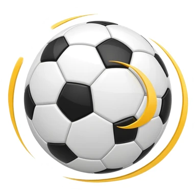 Apple-style emoji of a soccer ball with curve effect, flying with curved wind trails showing spin, glossy 3D look, clean minimal design, soft lighting, transparent background. sticker
