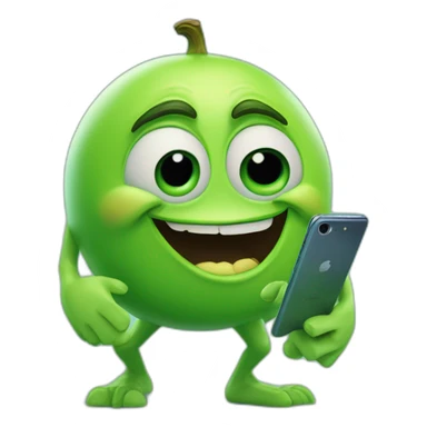 3D stickers for telegram, Mike wazowski with legs, looking into his phone and laughing, 8k, super realism, super detail, light green background sticker