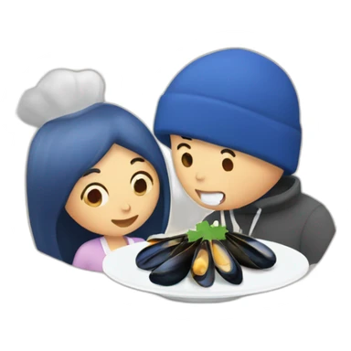 Couple eat mussels with colombe sticker