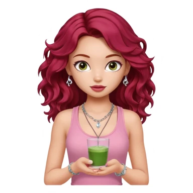 a pretty fair bratz girl with wavy dark red hair, wearing a pink tank top . silver dainty layered necklaces, carrying a matcha sticker