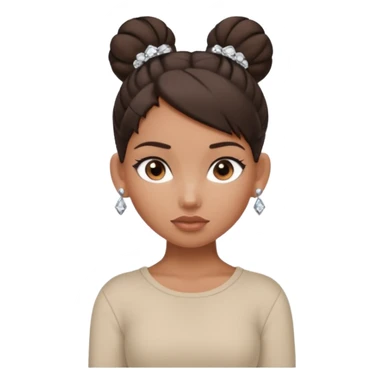 generate a pretty bratz girl with dark brown eyes. Dark brown hair tied in a single bun, tight beige shirt with top shirt open. diamond studs in ears. airpods in ear sticker