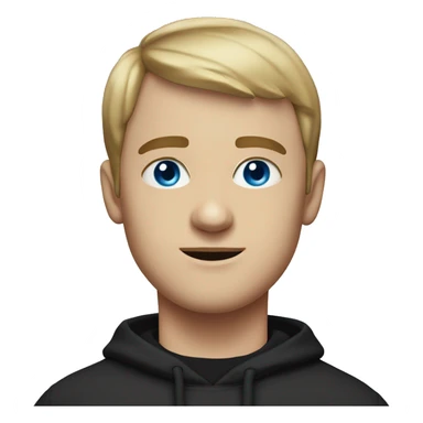 white guy with a short haircut and parted bangs, in black sweatshirt, blue eyes sticker