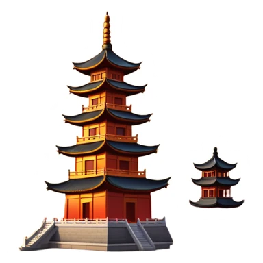 Leifeng Pagoda in the Sunset, West Lake Hangzhou, simplified emoji style, traditional Chinese pagoda with sunset glow, cartoon style sticker