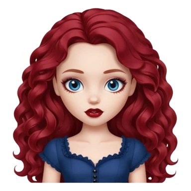 pale skin, girly bratz baddie, beautiful dark blue eyes, pretty makeup, long dark red wavy hair sticker