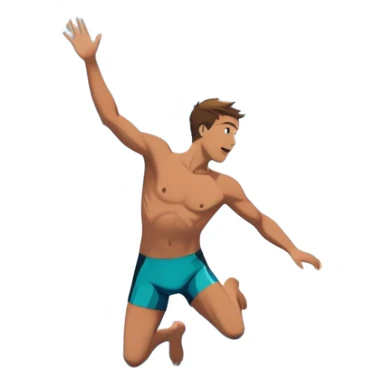 A diver mid-air, plunging from a high cliff into the sparkling ocean below. The background features rugged cliffs, clear blue water, and a bright sky, emphasizing the excitement and danger of the sport with a sense of freedom and adventure. sticker