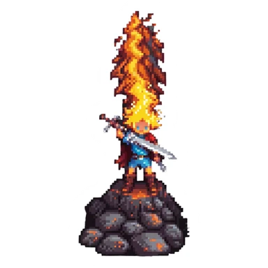 a boy with a flaming sword on a volcano, pixel art style, dramatic lighting sticker