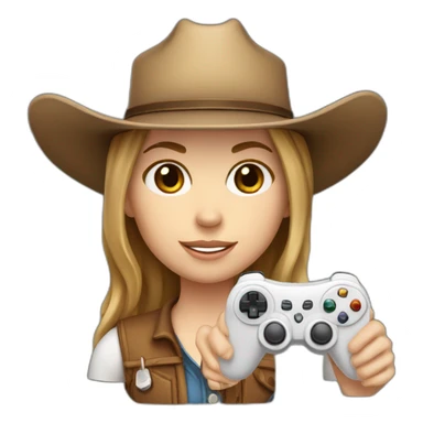 white girl with light brown hair with a cowboy hat holding a game controller sticker