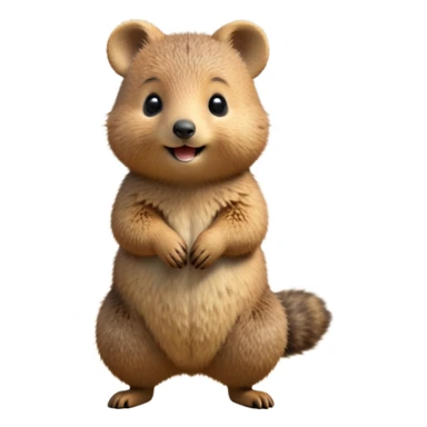 cinematic-quokka-realistic-full-body-standing-emoji,-small-round-frame-balanced-on-tiny-strong-hind-legs,-fluffy-brown-fur-radiating-a-warm-softness,-big-round-eyes-filled-with-joy-and-innocence,-tiny-clawed-paws-held-close-to-chest,-cheerful-smile-exuding-endearing-happiness,-simplified-yet-realistic-focused-features,-highly-detailed,-glowing-with-a-sunny-warmth sticker