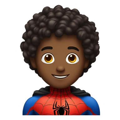 wearing black red spider man costume and has curly hair and smiling sticker