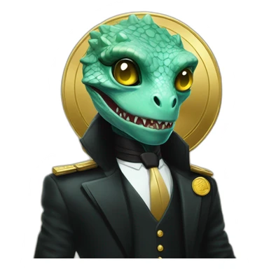 Aquamarine reptilian in black suite with laser eyes on the golden coin in background sticker