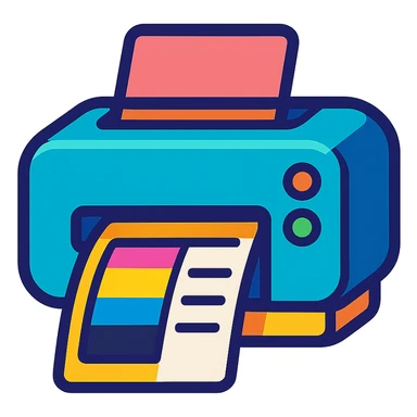 icon of a printer with A4 paper, showing both color and black printouts, vibrant colorful style sticker