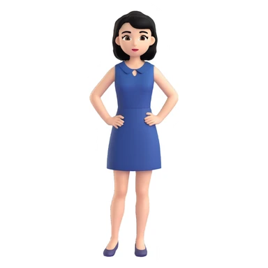 A girl with black hair, dark brown eyes, a beautiful face, short, straight hair to the shoulders, and a navy blue dress. sticker