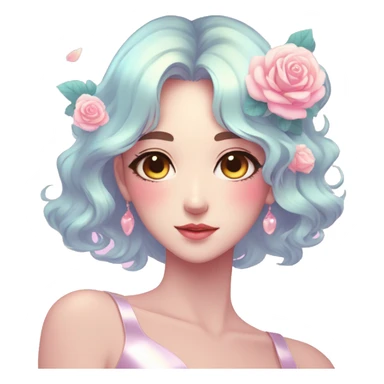 Gorgeous pastel shiny pearly colorful anime style lady with blushing face and roses leaves shiny aesthetic trending style sticker