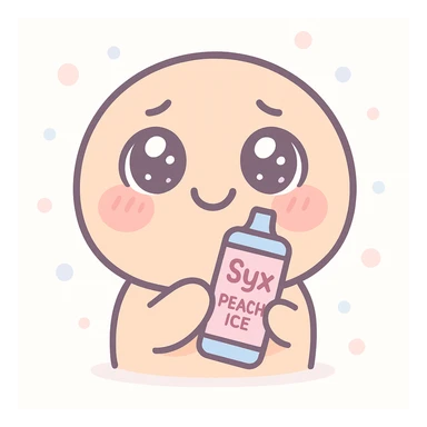 smiling emoji with blushing cheeks, cute begging face, holding a bottle labeled 'Syx Peach Ice', laughing, kawaii style sticker