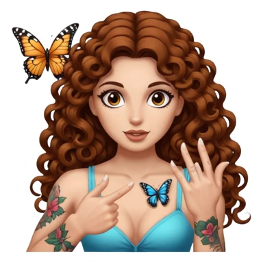 portrait woman long curly brown hair brown eyes white skin tattoos muscular build butterfly landing on finger sticker
