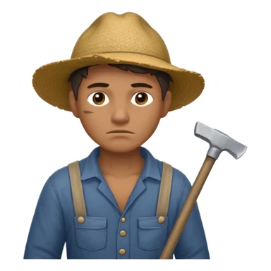 Emoji portrait of a male agricultural slave. He has a tired expression and wears rough clothes, holding a hoe over his shoulder. sticker