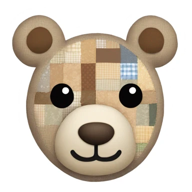 Patchwork teddy bear in neutral colours, with seams coming unstitched and button eyes  sticker