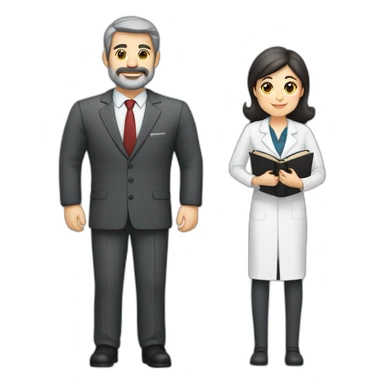 husband classy caucasian 55 some dark gray hair trimmed beard wearing business suit holding bible, with wife asian age 55 dark hair nurse uniform, no children sticker