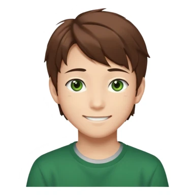 the face of an Anime asian style teen boy with brown hair, green eyes, looking smiling slightly sideways positioned. Face must be main filling of the frame.  128px sticker