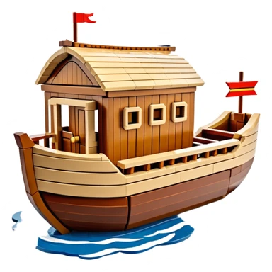 Huge empty wooden Lego Noah's ark ship on water, wide and spacious, no occupants, realistic details sticker