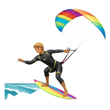 A kite surfer gliding across the water with a colorful kite soaring in the wind. The scene captures the excitement and fluid movement of the sport, with waves splashing around and a clear sky, emphasizing freedom and adventure. sticker