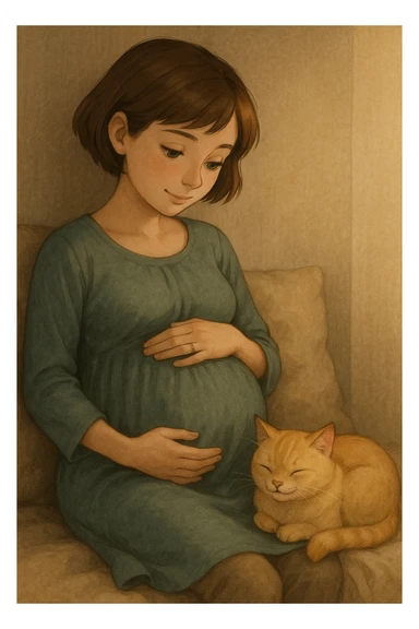 A pregnant girl with short brown hair and green eyes, sitting with a blonde cat curled up beside her. The girl is touching her belly and the cat is purring. sticker