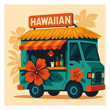 flat toon style Hawaiian food truck with bold colors and hibiscus accents sticker