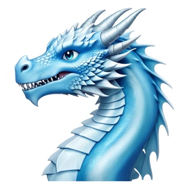 Cinematic Noble elegant Ice Dragon Portrait Emoji, Poised and imposing, distinct long elegant snout, with a slender, scaled body shimmering in glacial hues of icy blue, frostbitten silver, and crystalline white, breathing out frost, with piercing, glowing ice blue white eyes that radiate the chilling depths of an arctic storm; rendered in detail. sticker