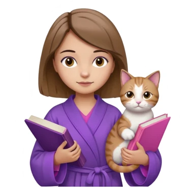 Девушка с короткими волосами до плеч русого цвета, с черными бровями, карие глаза, у неё фиолетовый халат, стоит в полный рост, в руках она держит розовую книгу, а возле ноги кот  sticker