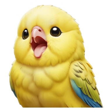 Cinematic Cute Yawning Yellow Budgie Portrait Emoji, Head tilted slightly with a dramatic, wide-open yawn, showcasing a soft, downy yellow feathered fur with gently drooping wings, round dark eyes barely open in drowsy contentment, Simplified yet irresistibly adorable features, highly detailed, glowing with a soft, cozy glow, high shine, relaxed yet expressive, stylized with a touch of whimsy, bright and endearing, soft glowing outline, capturing the essence of a sleepy yet affectionate budgie, so drowsy it feels like it could stretch out of the screen and curl up for a nap! sticker