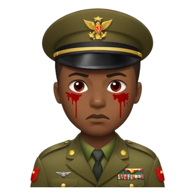 soldier with dark Senegalese skin, scowling, blood splatter on left cheek, military uniform visible, Apple 2D emoji style sticker