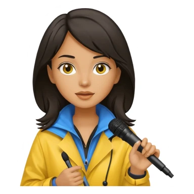 dark haired woman with rain coat and microphone sticker