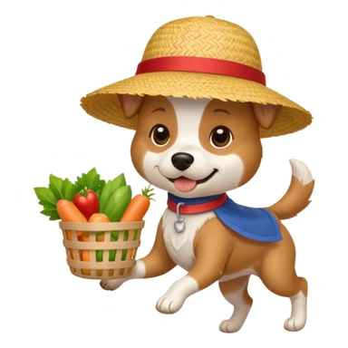 A dog running a Asian grocery store with a straw hat sticker