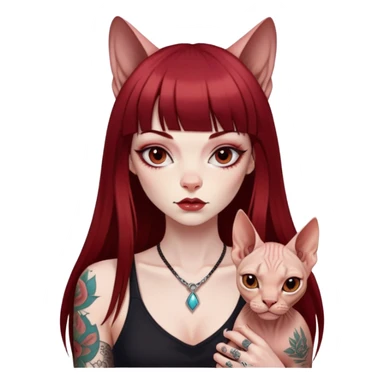 girl with long dark red straight bangs hair and tattoos and a Sphynx sticker