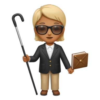 A blind person wearing sunglasses and holding a guide cane sticker
