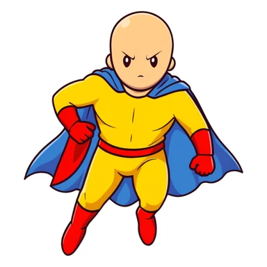 Saitama from One Punch Man, bald head, blank expression, yellow hero suit with white cape, red gloves sticker