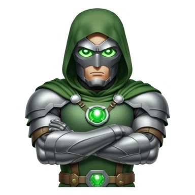 Doctor Doom with arms crossed and green glowing eyes sticker