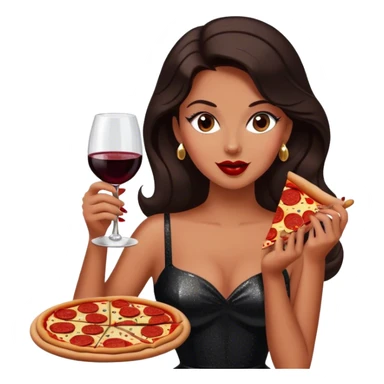 Beautiful woman in 1950’s woman fashion look, black shimmery dress, long dark brown hair, red wine, Pepperoni pizza sticker