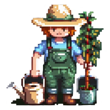gardener character with straw hat, watering can, and gardening tools sticker