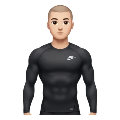 Big muscle man shouting , buzzcut hair, waering compress black shirt nike sticker