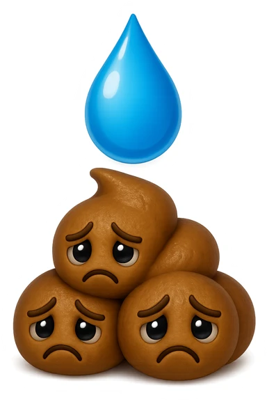 emoji stile iphone di una montagnetta di feci umane realistiche a palline tristi con sopra un simbolo delle gocce di acqua, iperrealistico 4k sticker