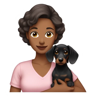 a brunette woman in a light pink shirt, with light skin, holding black dachshund puppy in her arms sticker