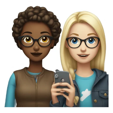 blonde girl with glasses and blue eyes posing with brunette girl fir a selfie sticker