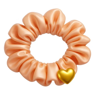 Add a small gold heart charm to the pastel pink silky scrunchie, keep the 3D emoji style and shimmer effect. The style is 3D emoji with a shiny, smooth, and realistic look. Remove the background. sticker