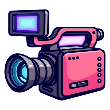 videographer's camera in pink color, with neon glow lines, blue neon glow on top left, purple neon glow on bottom right sticker