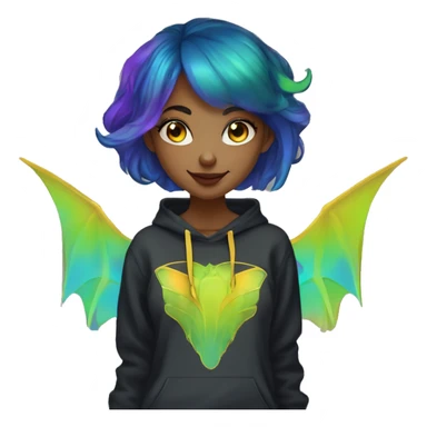 Lady with brunette and iridescent blue hair, gold, lime green dragon wings, black hoodie, oilslick holographic, black and gold Nike t shirt, and bright red eyes sticker