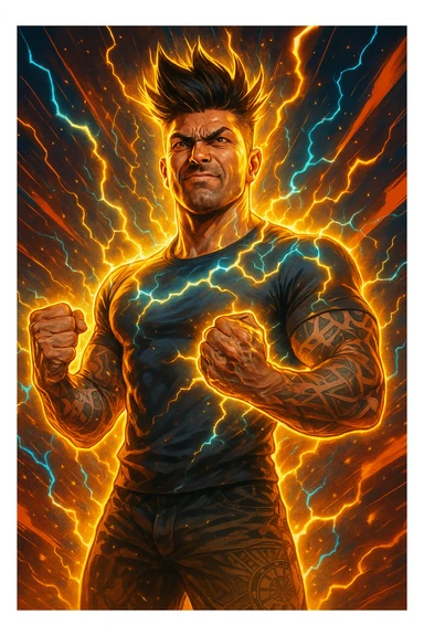 a man with a chiseled physique and wild, upward hair stands center stage, fists clenched and chest out. A radiant, electric aura envelops him, with energy lines and glowing effects highlighting his strength and masculinity. His face shows determination and pride, and the background features explosive, dynamic patterns. sticker