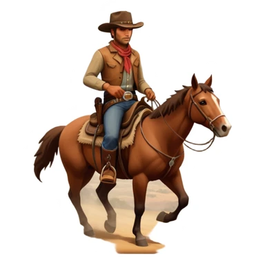 An icon representing an adventure game, inspired by Red Dead Redemption II. The design features a rugged cowboy riding a horse through a vast, open landscape with mountains, deserts, and wild animals. The atmosphere conveys exploration, action, and the thrill of the journey. Transparent background sticker