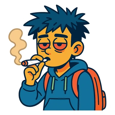 student with messy hair, red eyes, holding a joint sticker