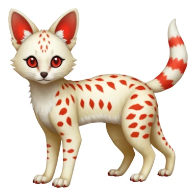 White Albino light spotted Serval-Civet-Genet-Trico-Furret-Linoone-Fakémon-Pokémon-animal-hybrid-fusion-creature (full body) with glowing red eyes, cute, elegant, soft, realistic, pastel fur sticker
